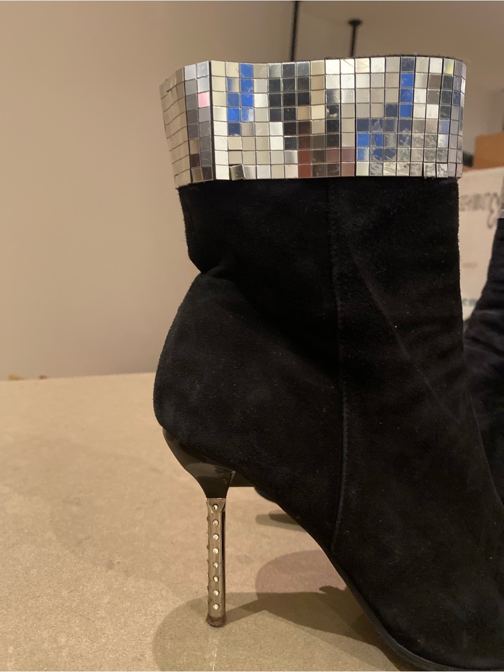 Italian Black Suede Ankle Boots with Silver Mirrored Cuff. hand made